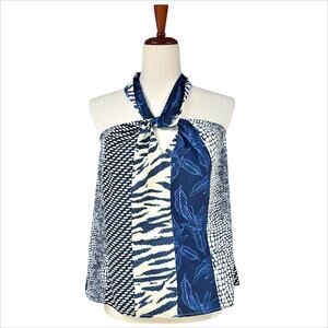BANANA REPUBLIC NWT Silky Satin Mixed-Print Halter Blouse Blue Ivory Size S